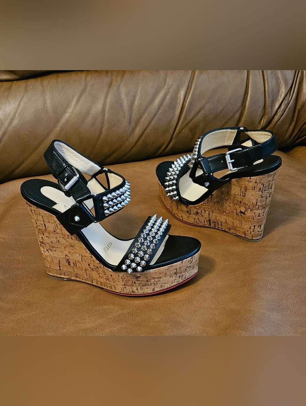 Christian Louboutin Black Leather Spikes-Studded Wedge Sandals Size 4.5 US - Picture 2 of 16
